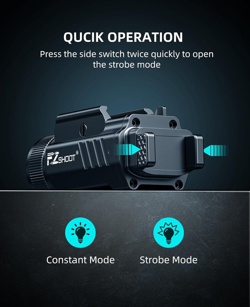 EZshoot 2000 Lumen Pistol Light with Quick Release, Magnetic Rechargeable Pistol Flashlight with Adjustable Slide Rail, Picatinny Flashlight with Strobe Mode for Home Defense, Hunting - Image 5